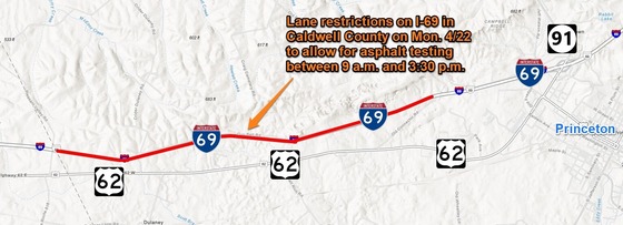 Lane restrictions on I-69 in Caldwell County Monday