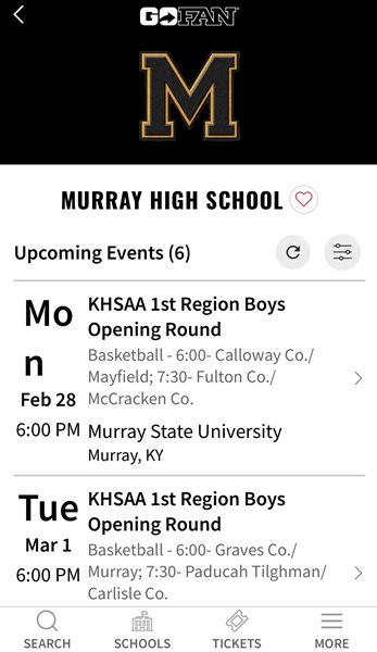 Ticket information for the 1st Region Tournament