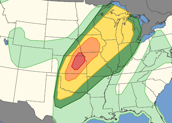Marginal risk for severe weather on Monday