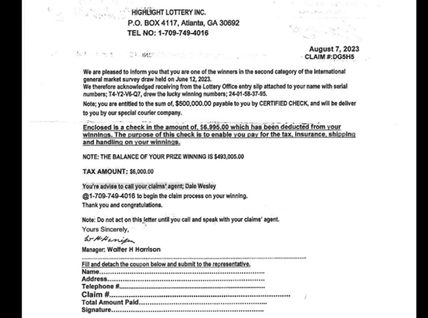McCracken Sheriff warns of "lottery winner" scam letter