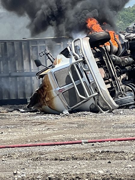 Semi overturns, catches fire Tuesday in Marshall County